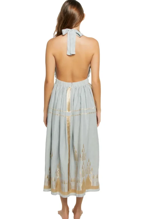Embroidered Metallic Halter Maxi Dress