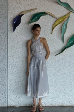 Embroidered Metallic Halter Maxi Dress