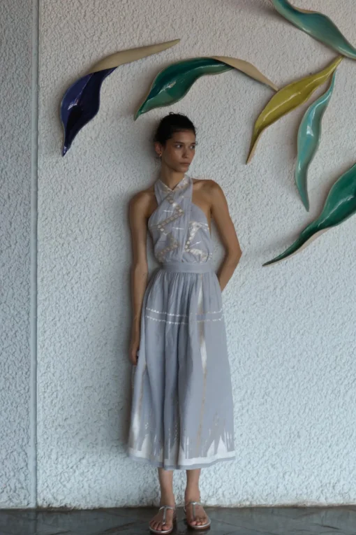 Embroidered Metallic Halter Maxi Dress