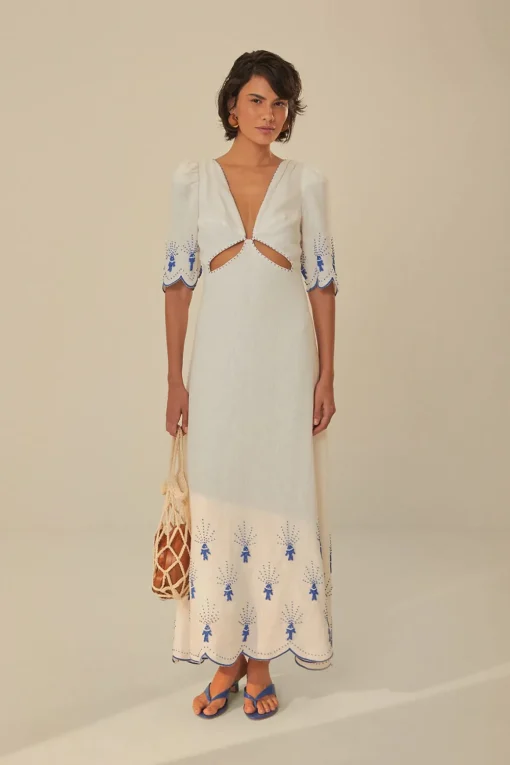 Sea of Fish Embroidered Linen Maxi Dress
