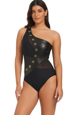 Leather Asymmetrical One Piece Swimsuit