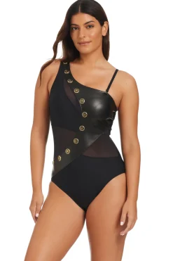 Leather Asymmetrical One Piece Swimsuit