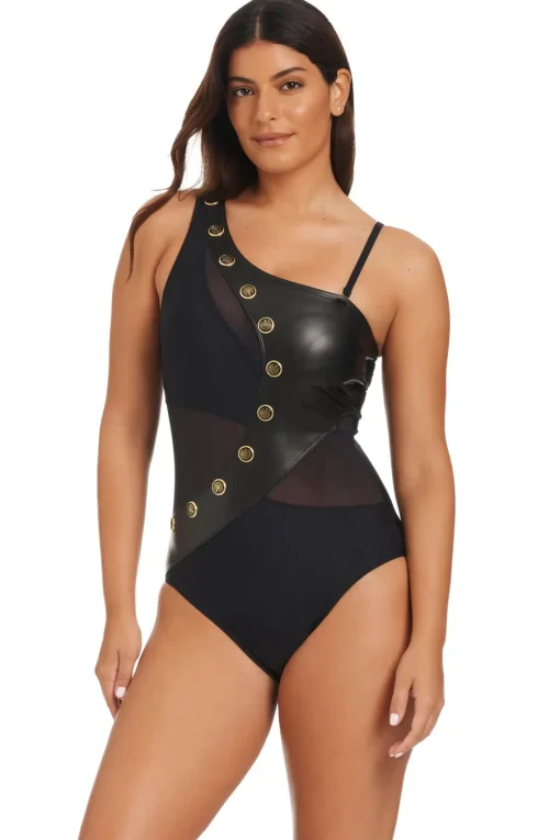 Leather Asymmetrical One Piece Swimsuit