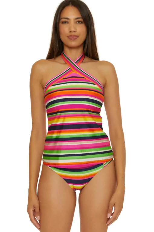 Stripe High Neck Reversible Tankini Top