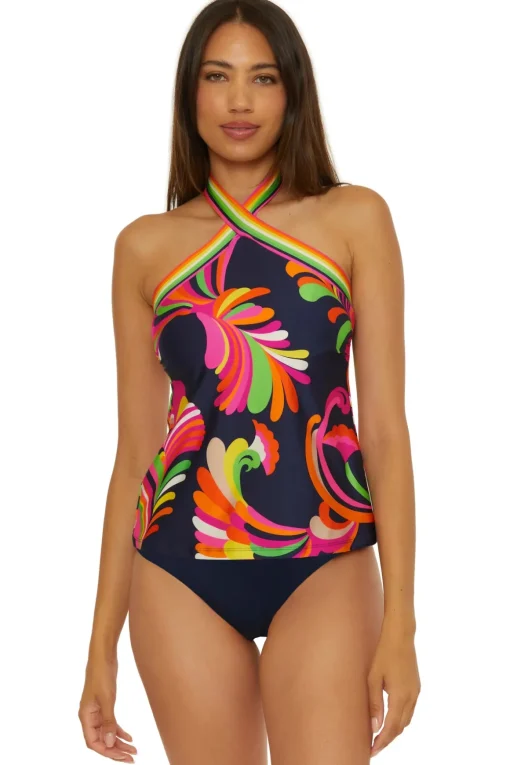 Stripe High Neck Reversible Tankini Top
