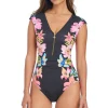 Cap Sleeve Zip Front One Piece Swimsuit