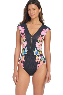 Cap Sleeve Zip Front One Piece Swimsuit