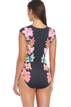Cap Sleeve Zip Front One Piece Swimsuit