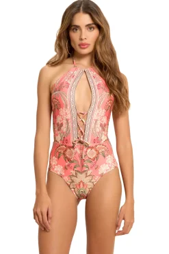 Embroidered High Neck One Piece Swimsuit
