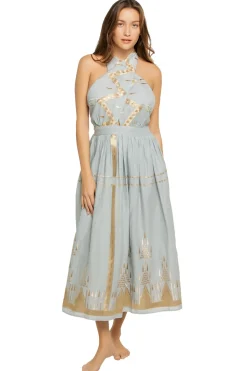 Embroidered Metallic Halter Maxi Dress
