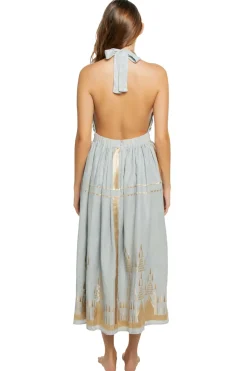 Embroidered Metallic Halter Maxi Dress