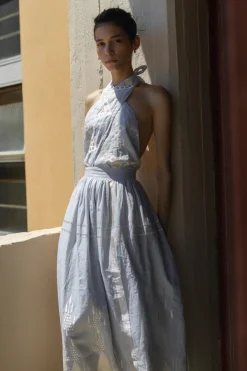 Embroidered Metallic Halter Maxi Dress