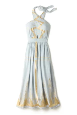 Embroidered Metallic Halter Maxi Dress