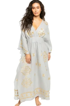 Embroidered Metallic V-Neck Maxi Dress