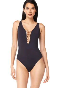 Lace Up Plunge One Piece Swimsuit