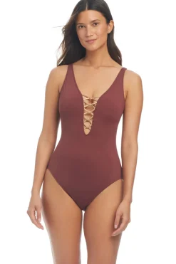 Lace Up Plunge One Piece Swimsuit