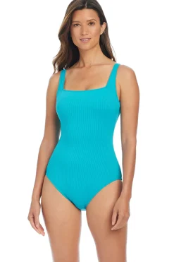 Square Neck Ribbed One Piece Swimsuit