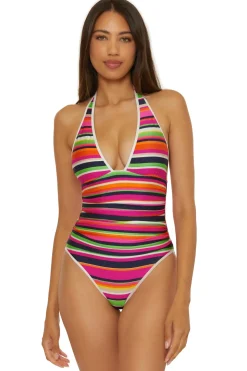 Stripe Plunge One Piece Swimsuit