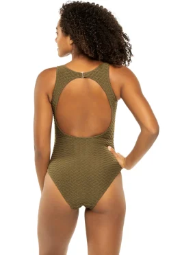Textured High Neck One Piece Swimsuit